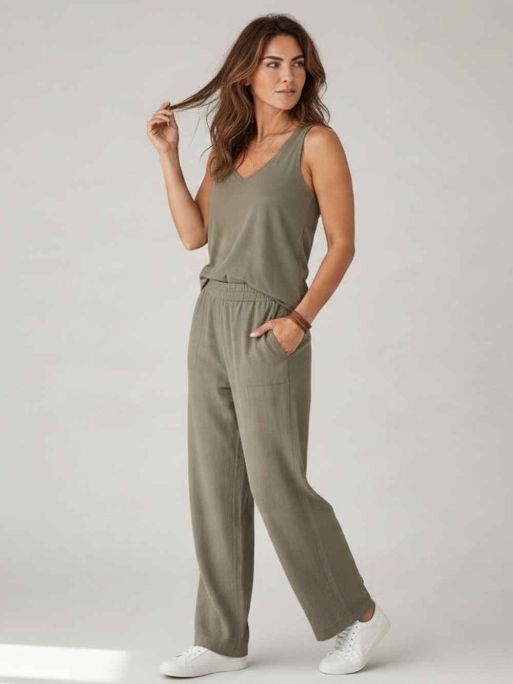 Olsen Anna Loose Fit High Rise Linen Wide Trouser & Edda Cotton Stretchy Tank